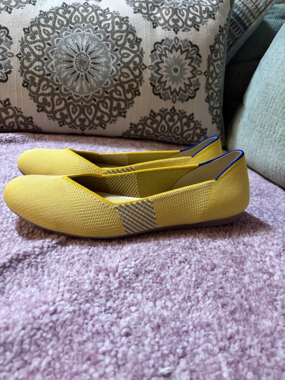 Rothy's Yellow Knit Pointed Flats with Blue Heel Trim - Picture 3 of 6
